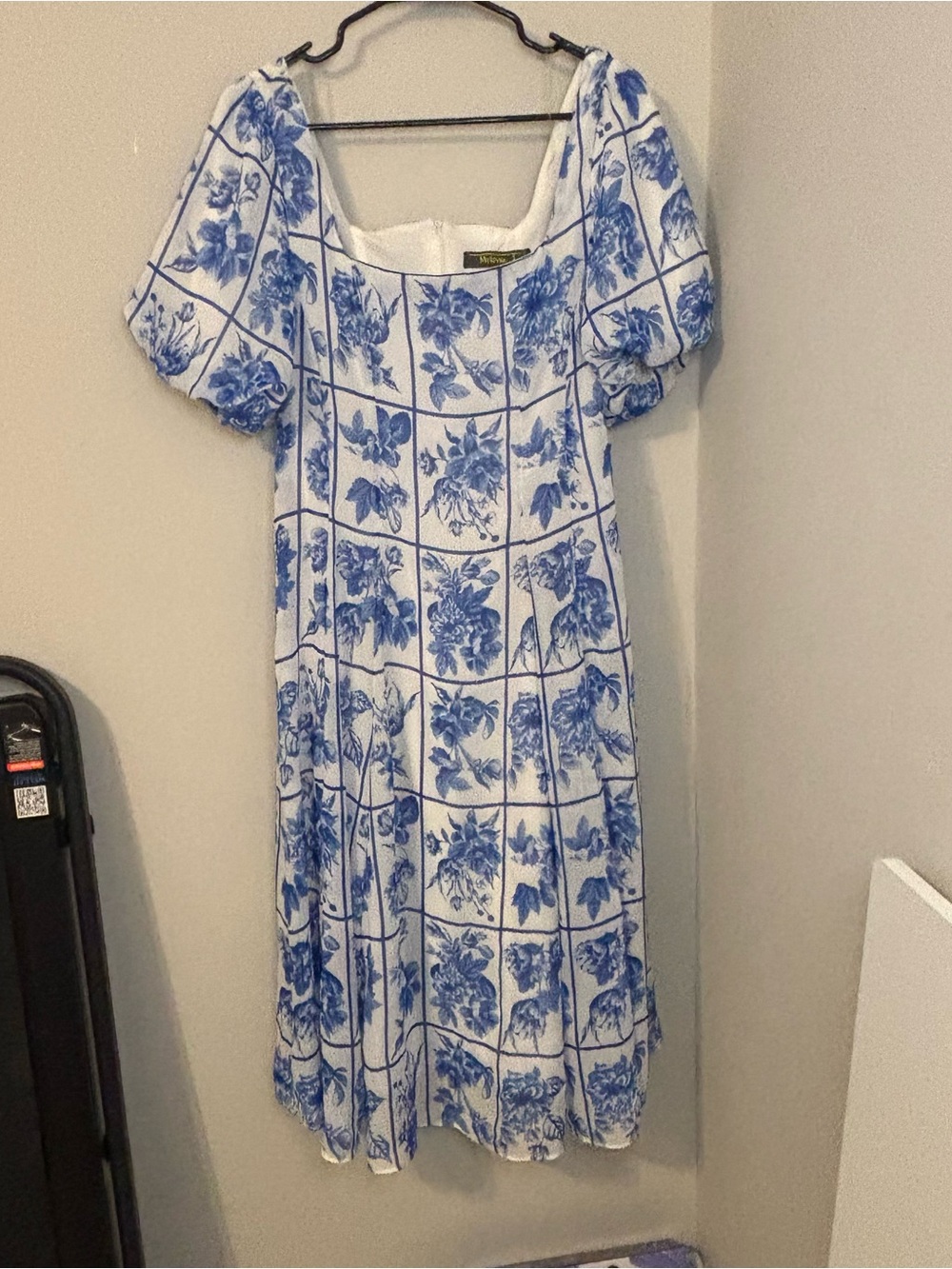 Melonie Blue and White Floral Square Neck Midi Dress by